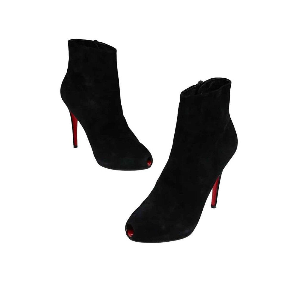 CHRISTIAN LOUBOUTIN 120 Booties With Micro Peep Toe Platform in Black Suede